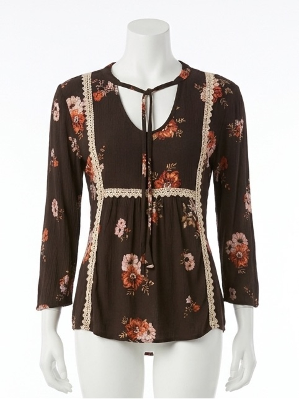Eyeshadow Boho Brown Floral Peasant Top Crochet Lace Trim Tie Front VNeck Size M
